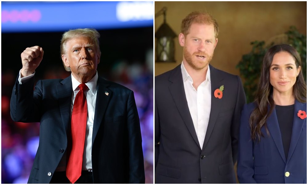 川普（左圖）非常討厭哈利王子和梅根（右圖）。（翻攝Donald J. Trump臉書、Archewell網站）