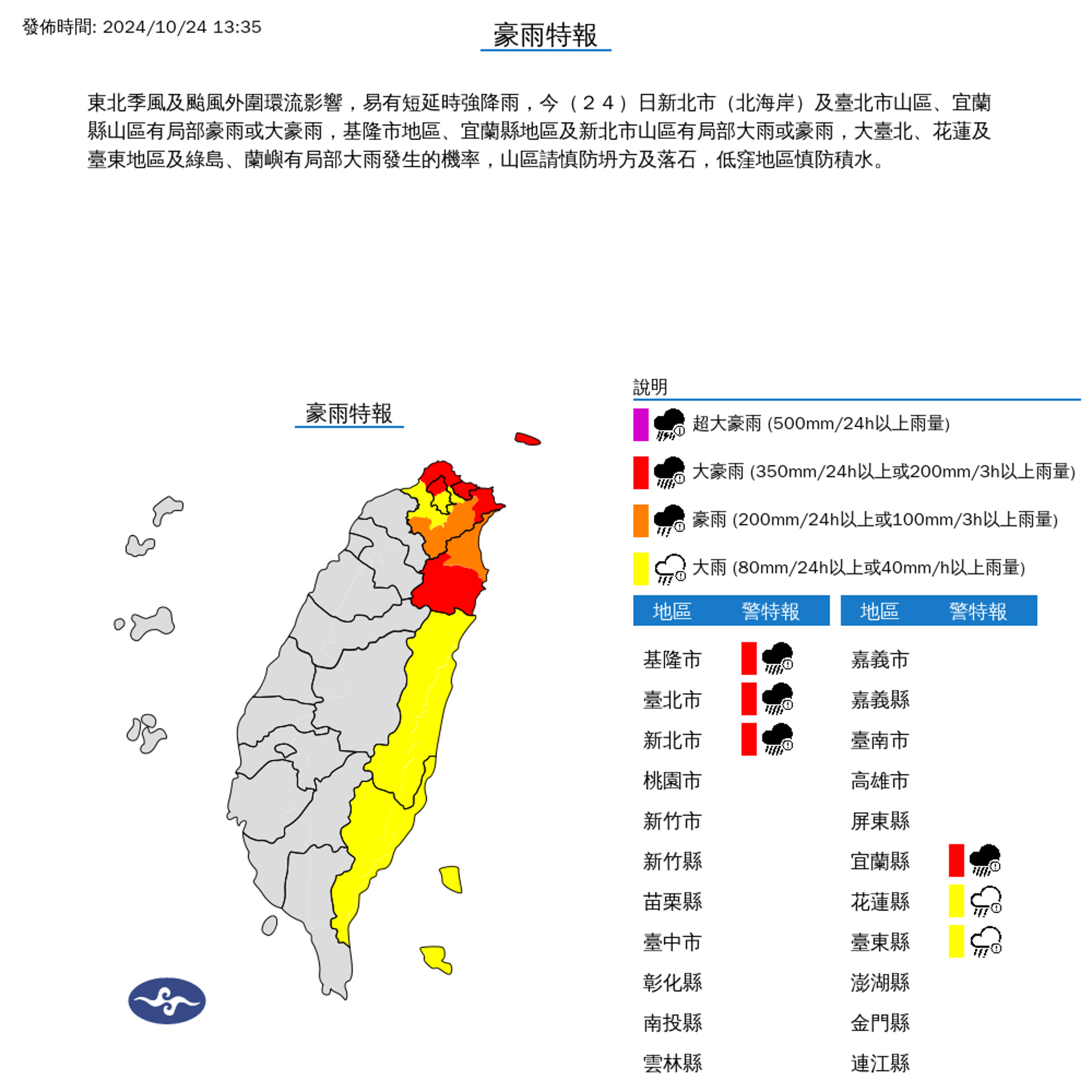 新北市北海岸及台北市山區、宜蘭縣山區有局部豪雨或大豪雨;基隆市地區、宜蘭縣地區及新北市山區有局部大雨或豪雨。(中央氣象署提供)