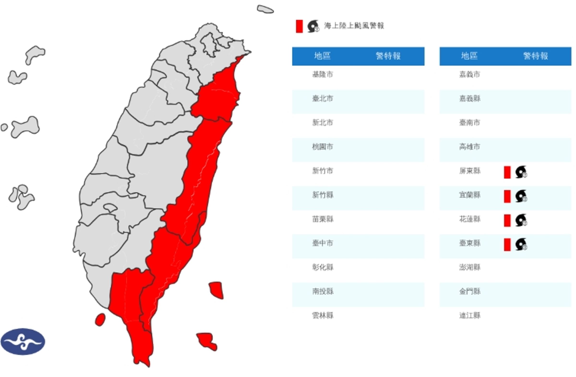 中央氣象署發布陸上颱風警報。(翻攝自中央氣象署官網)