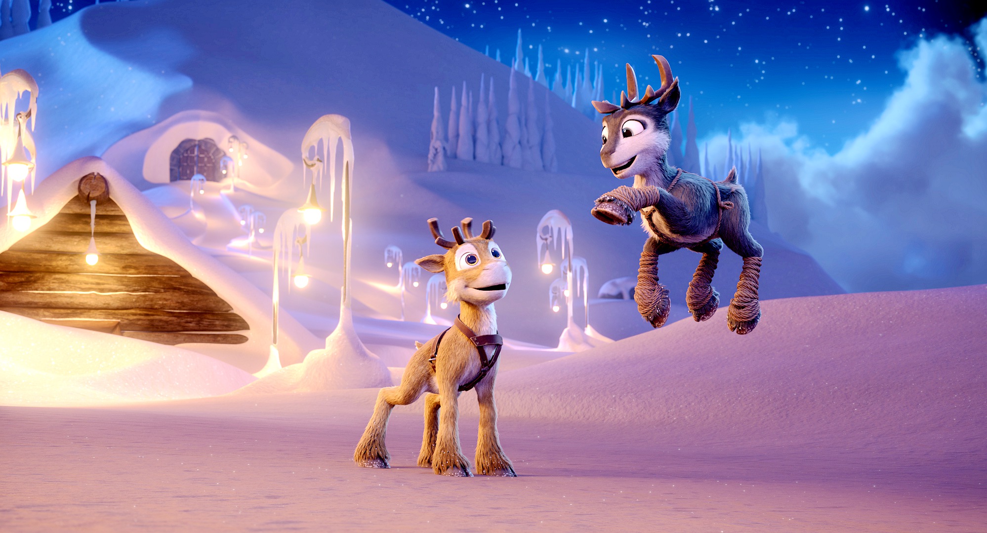 尼可（左）夢想加入耶誕雪橇隊，卻遇上強勁對手史黛拉（右），兩人從競爭走向合作，展現無私團隊精神。（海鵬提供）