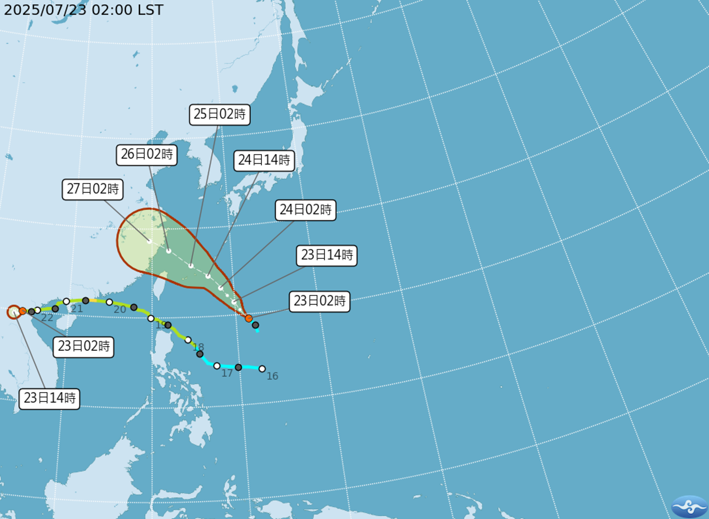 準颱風「范斯高」預計在週四至週五接近台灣，但整體強度不看好，可能僅達輕度颱風等級。（中央氣象署提供）