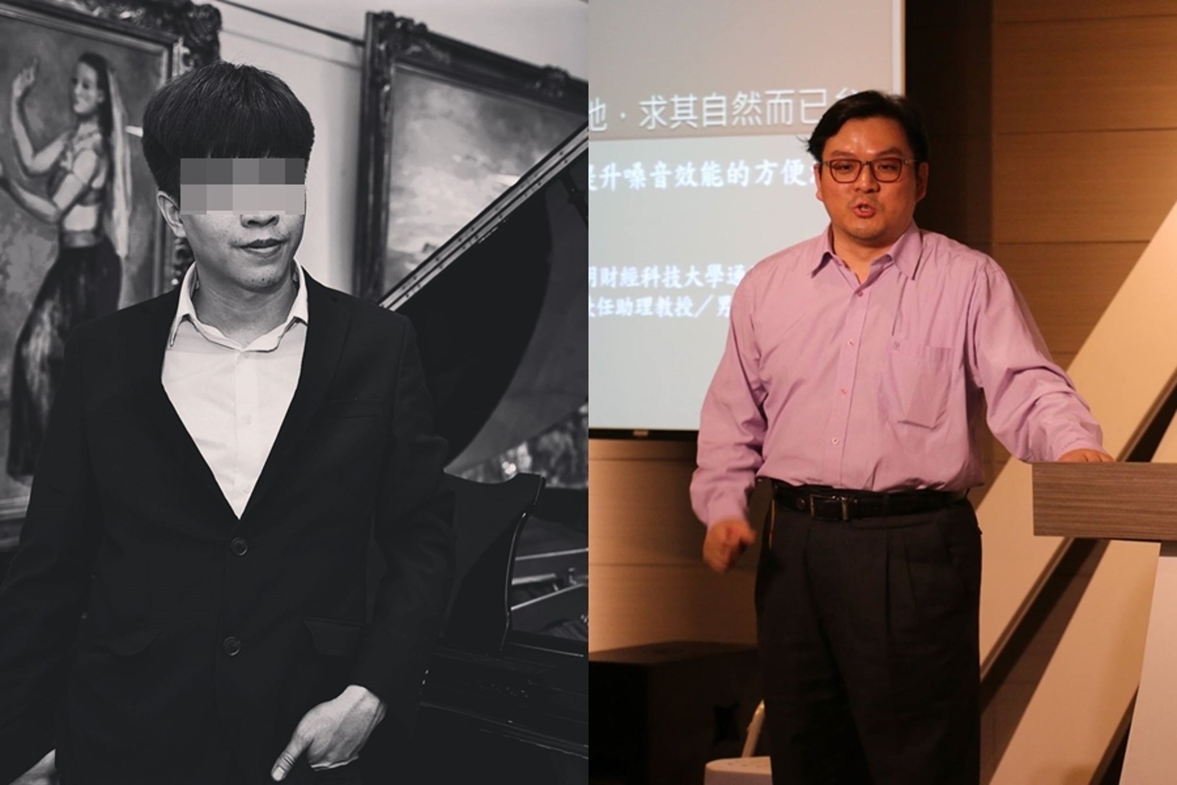 新銳鋼琴家楊男(左)昨日墜樓身亡,被網傳遺書點名「白嫖」的聲樂家簡崇元(右)今則發文澄清相關爭議。(翻攝自楊男、簡崇元臉書)