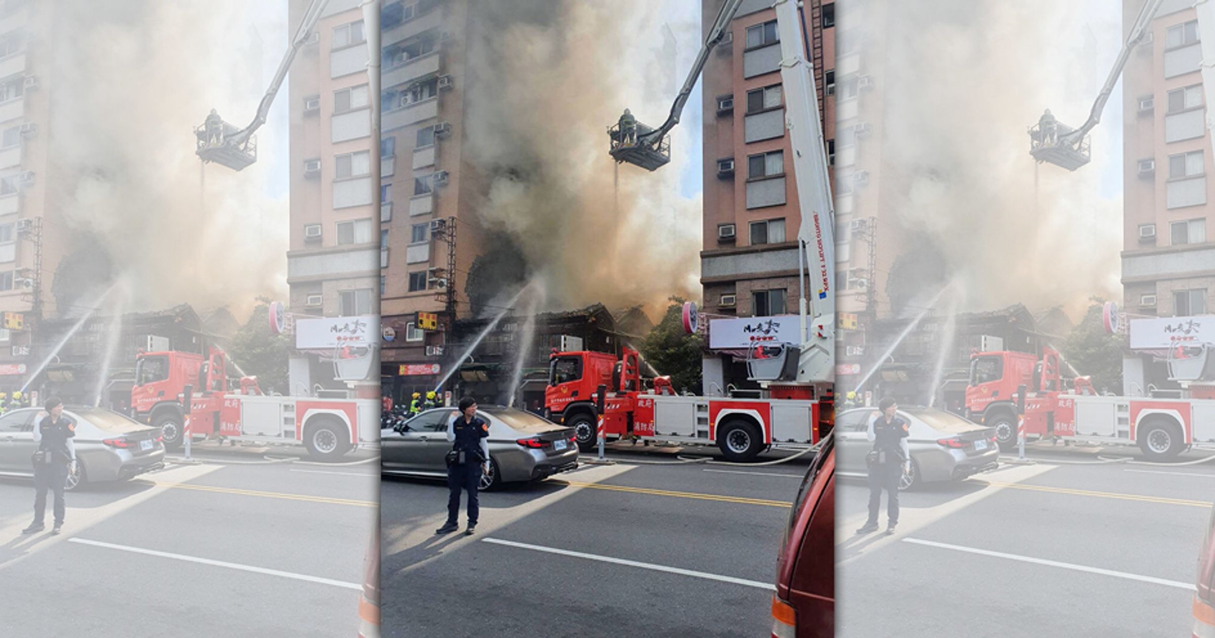 因為建物後方巷弄狹小，消防車無法進入，因此除了正面噴水，消防局還出動雲梯車，從高空灑水滅火，才能在半小時內撲滅殘火。（消防局提供）
