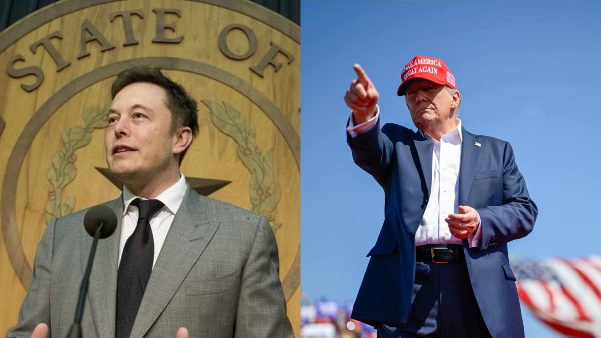 馬斯克（左）在X平台上專訪川普（右）時因技術問題延遲40分鐘，有許多用戶無法加入。（翻攝馬斯克IG、Facebook@Donald J. Trump）