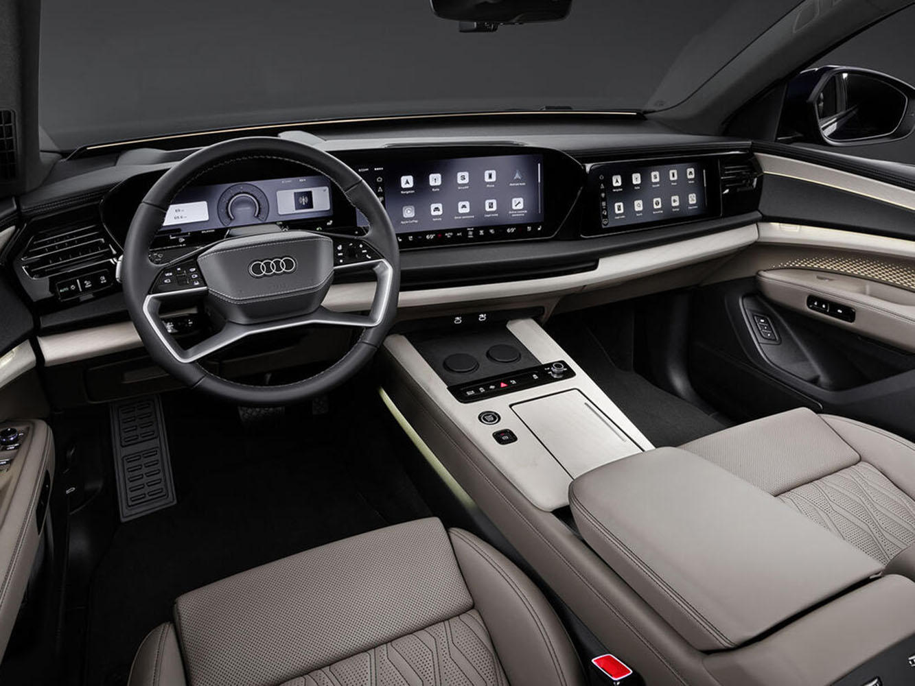 駕駛座艙延續新世代 Audi 家族設計，採用與全新 A6、Q7 相同的三螢幕數位座艙配置。
