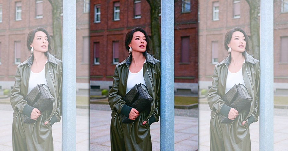 舒淇手持BOTTEGA VENETA GIORNO編織皮革抽繩斜背包，現身米蘭街頭。（BOTTEGA VENETA提供）