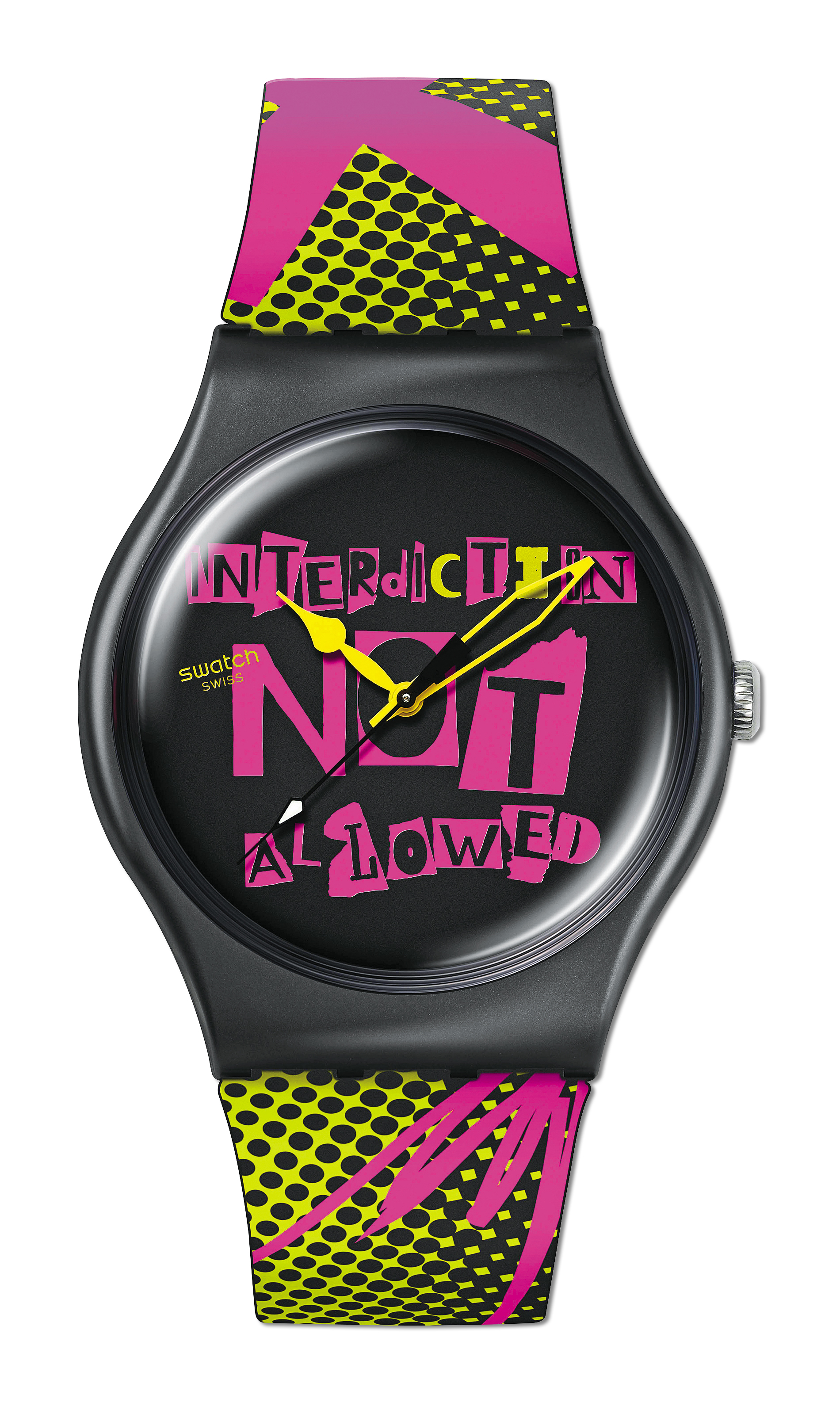 Distort Mode腕錶,跳色的鮮黃、桃紅,不想成為目光焦點也難。NT$3,450。(Swatch提供)