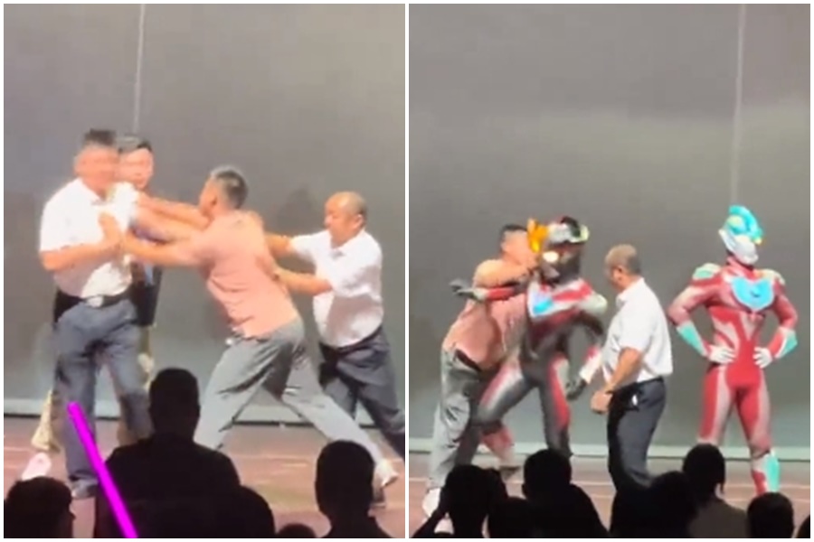 粉衣男上台鬧場稱「日本文化入侵」，推擠演員、工作人員全被錄下。（翻攝自推特@keigansoumei）