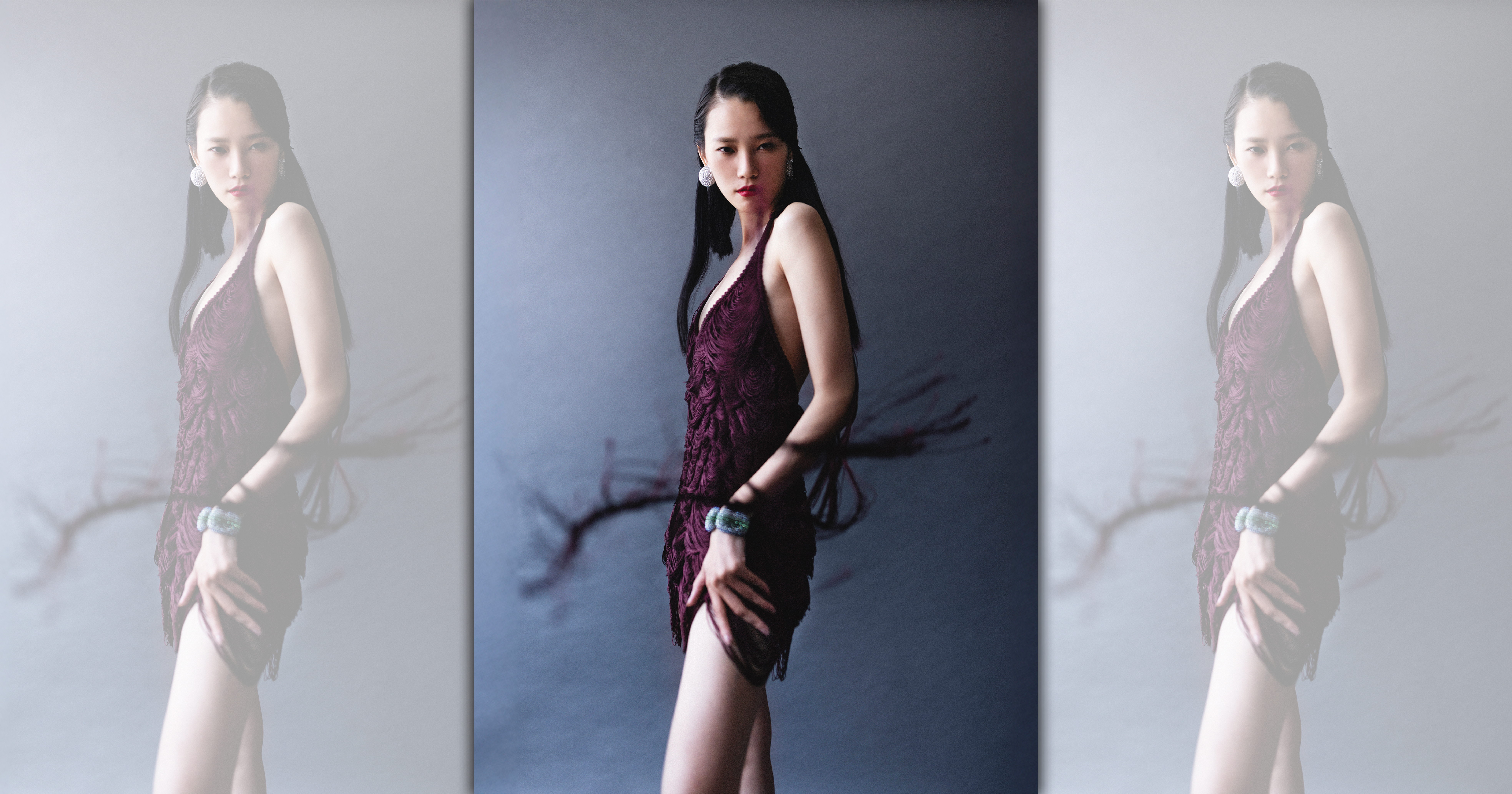 酒紅色線條流蘇長洋裝 NT$83,900 by FERRAGAMO／Sublima夾式大耳環 NT$16,000 by SWAROVSKI／Sublima闊手鐲 NT$25,000 by SWAROVSKI