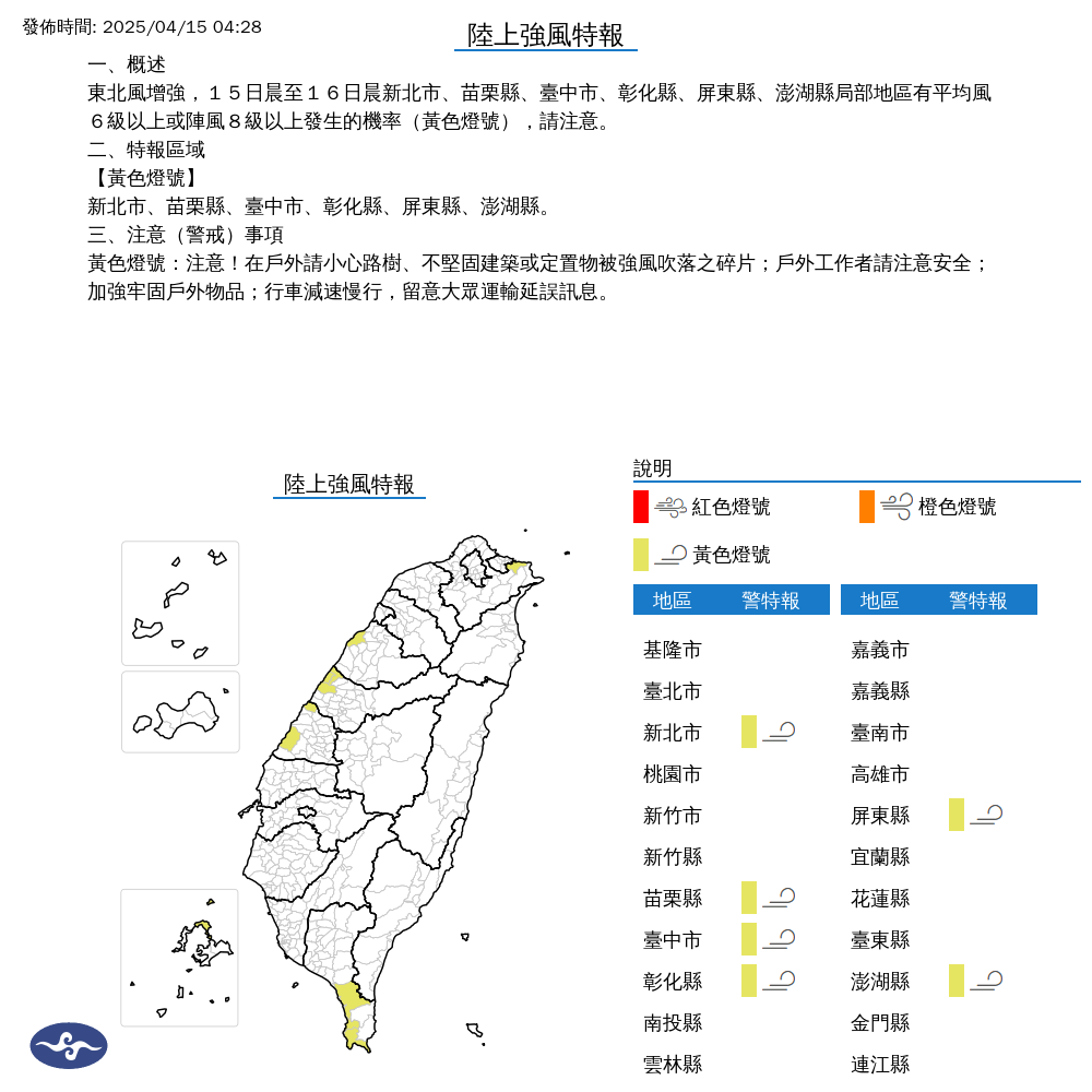 氣象署針對新北、苗栗、台中、彰化、屏東及澎湖部分地區發布陸上強風特報。（中央氣象署提供）