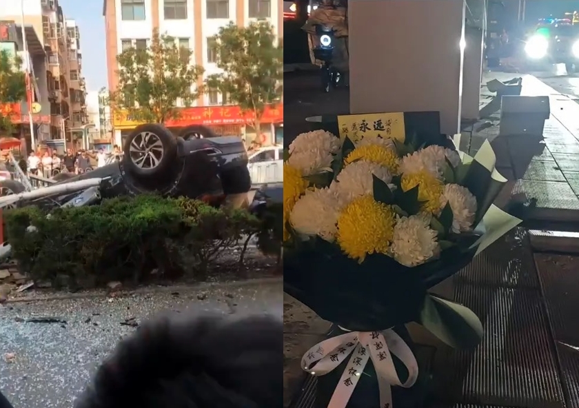 另一段案發後的畫面顯示多人遭撞躺在地上，有民眾深夜前去公車站獻花致哀。（翻攝畫面）