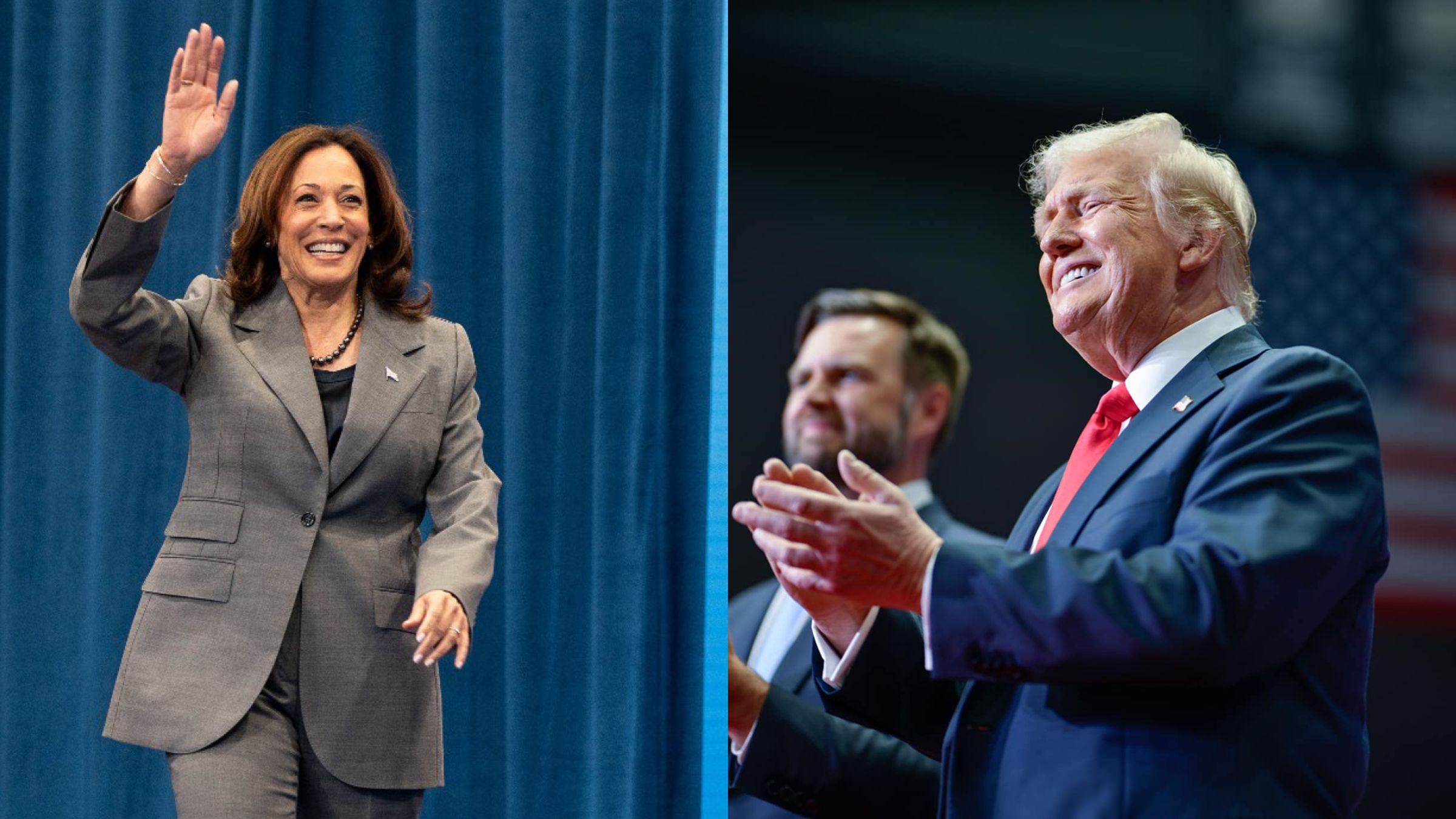 賀錦麗（左）在搖擺州的最新民調中微幅領先川普（右）。（翻攝Facebook@ Kamala Harris、Donald J. Trump）