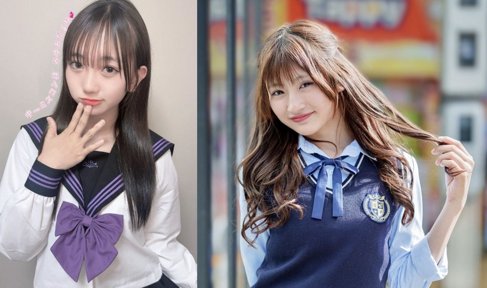 日本最近票選「最可愛國中一年級女學生」,心愛さん(左圖)與のあさん(右圖)各自在社群X與轉發數類別獲得領先。(翻攝X@noachi_0130、@miyumiyumiyua79)
