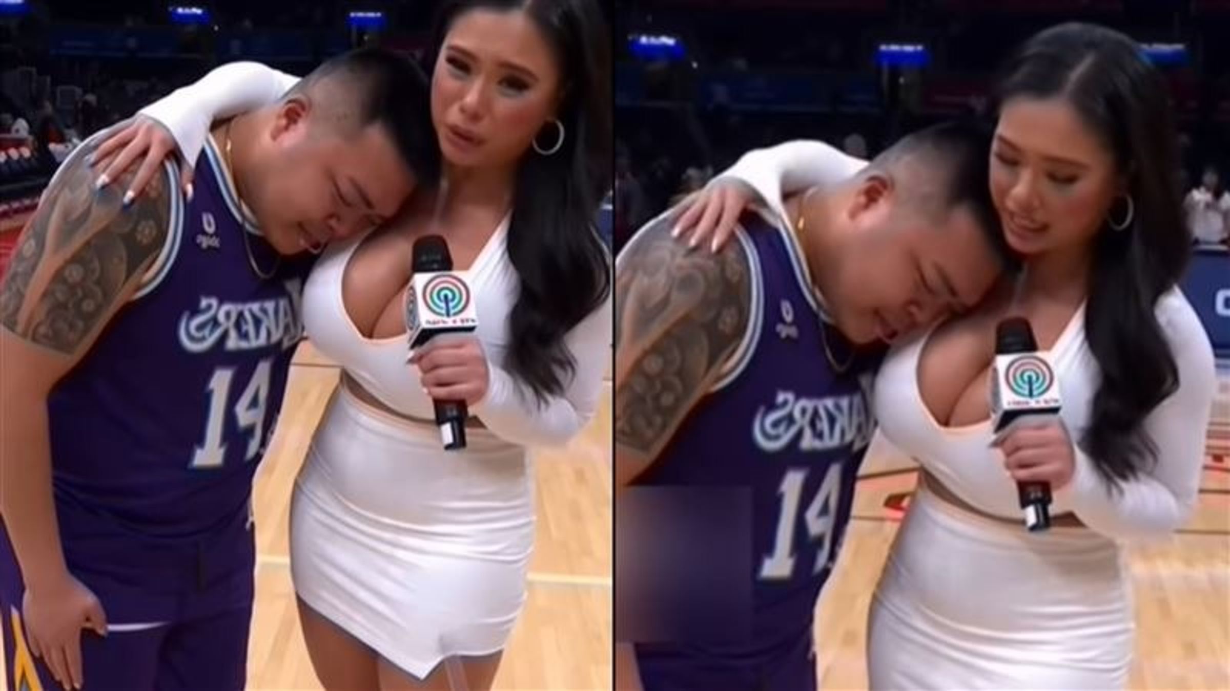 一名洛杉磯湖人隊球迷的男子，在球隊輸球後接受女記者訪問時情緒潰堤，撲靠、趴在女記者身上當場痛哭，掀起關注。（翻攝自IG＠lefttehmarcc）