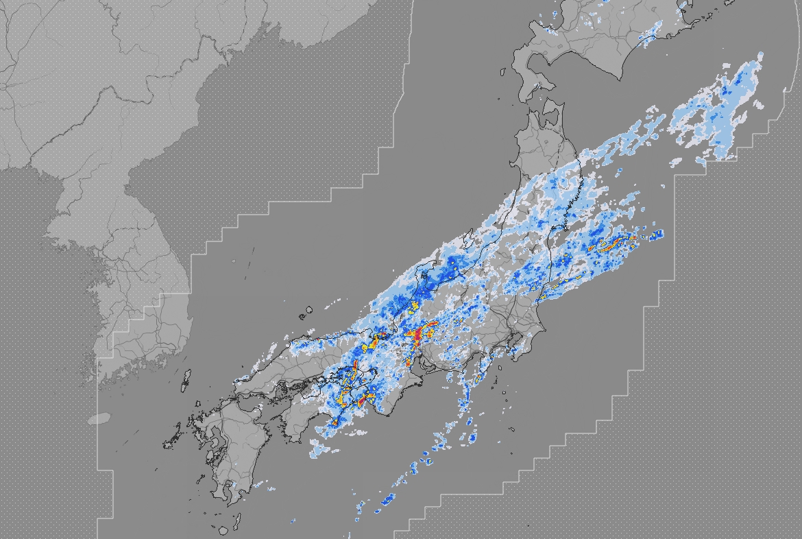 日本今日從西日本至東北大範圍地區的大氣狀態持續非常不穩定,四國及東海地區局部降下極端大雨。(翻攝自日本氣象廳官網)