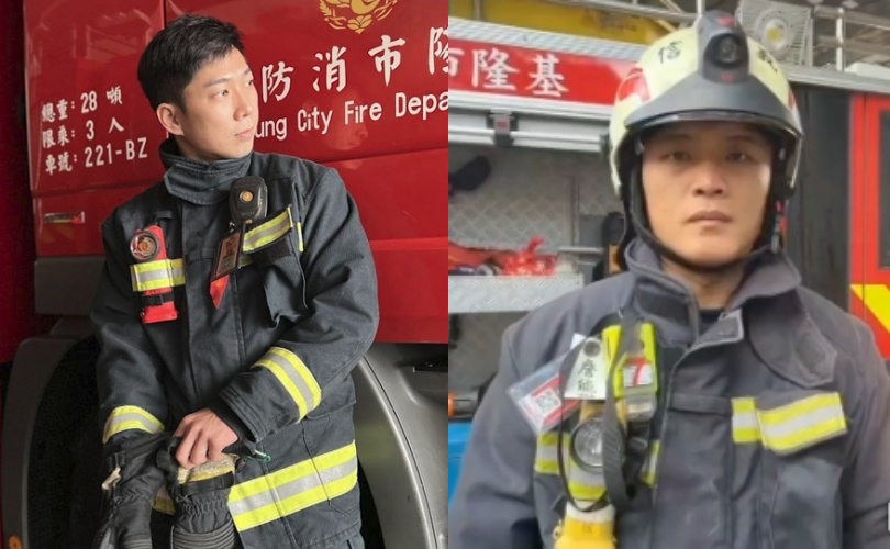基隆消防小隊長詹能傑(右),在入火場搜救時不幸殉職;其親弟弟詹庭豪(左)也同樣為打火英雄。(翻攝畫面)