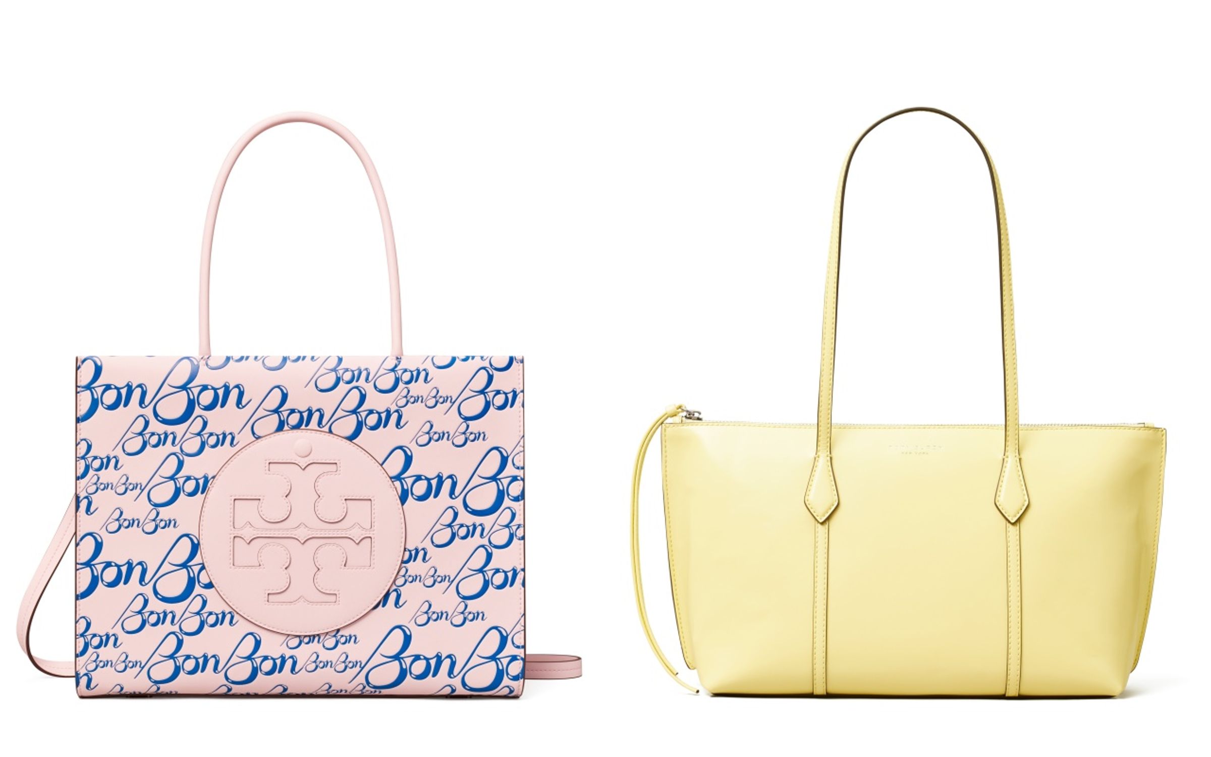（左）TORY BURCH x BonBon Ella Bio小型托特包NT$14,500、（右）TORY BURCH x BonBon Perry小型拉鍊托特包NT$14,900。（TORY BURCH提供）