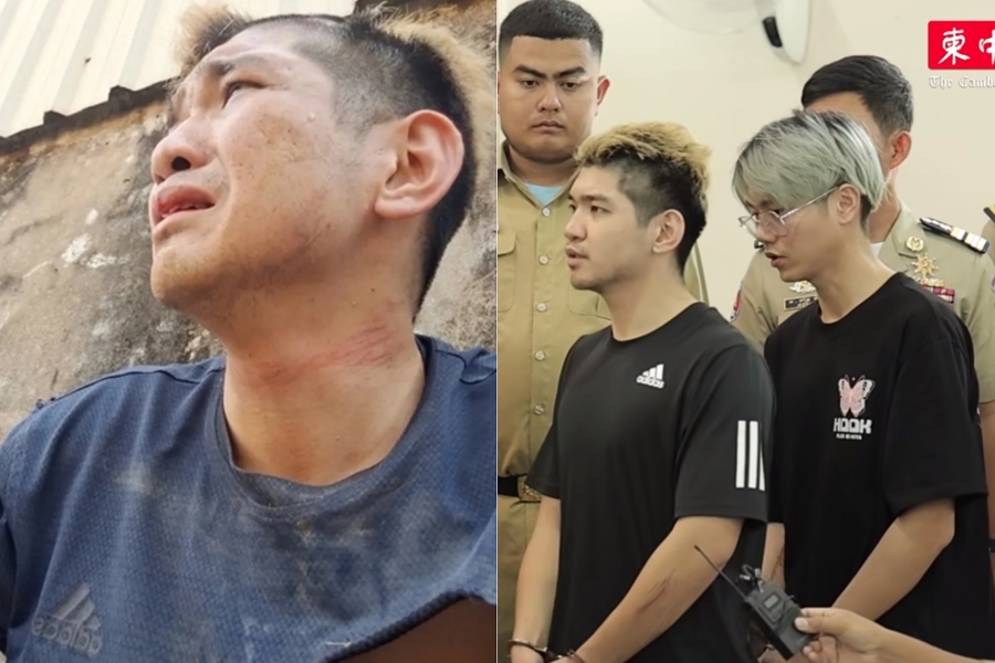 網紅晚安小雞（左圖、右圖左）與同夥阿鬧（右圖右）因自導自演被凌虐與搶劫，遭柬埔寨警方逮捕。（翻攝自晚安小雞、柬中時報臉書）