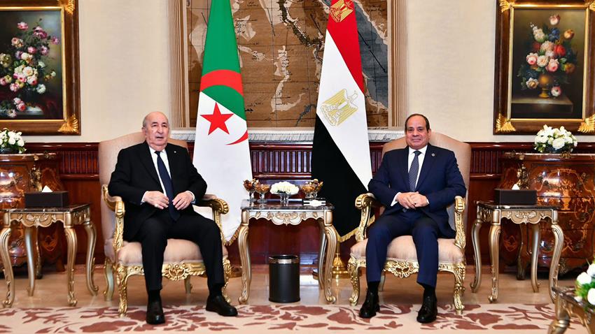 埃及總統塞西（右）與阿爾及利亞總統塔布納（左）見面，並提出加薩停火協議。（翻攝自presidency.eg）