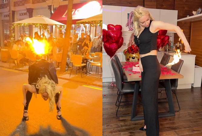 魔術師安娜彎腰，讓臀部處噴出火焰，獵奇畫面引發熱議。（翻攝IG@annaadelos）
