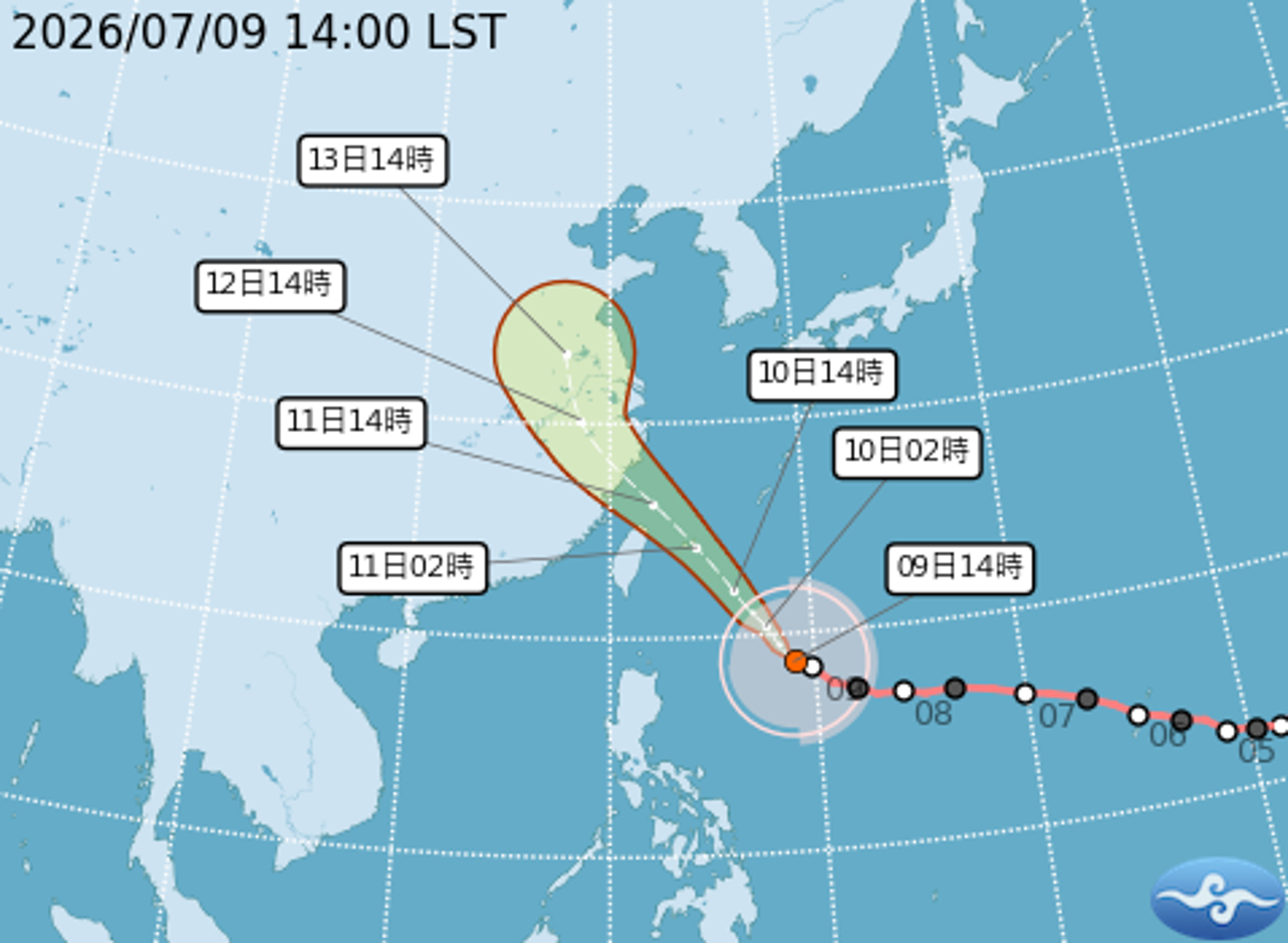 「巴威」14時的中心位置在北緯18.7度、東經129.0度,即在鵝鑾鼻的東南東方約920公里之處,以每小時20轉23公里速度。(翻攝自中央氣象署官網)