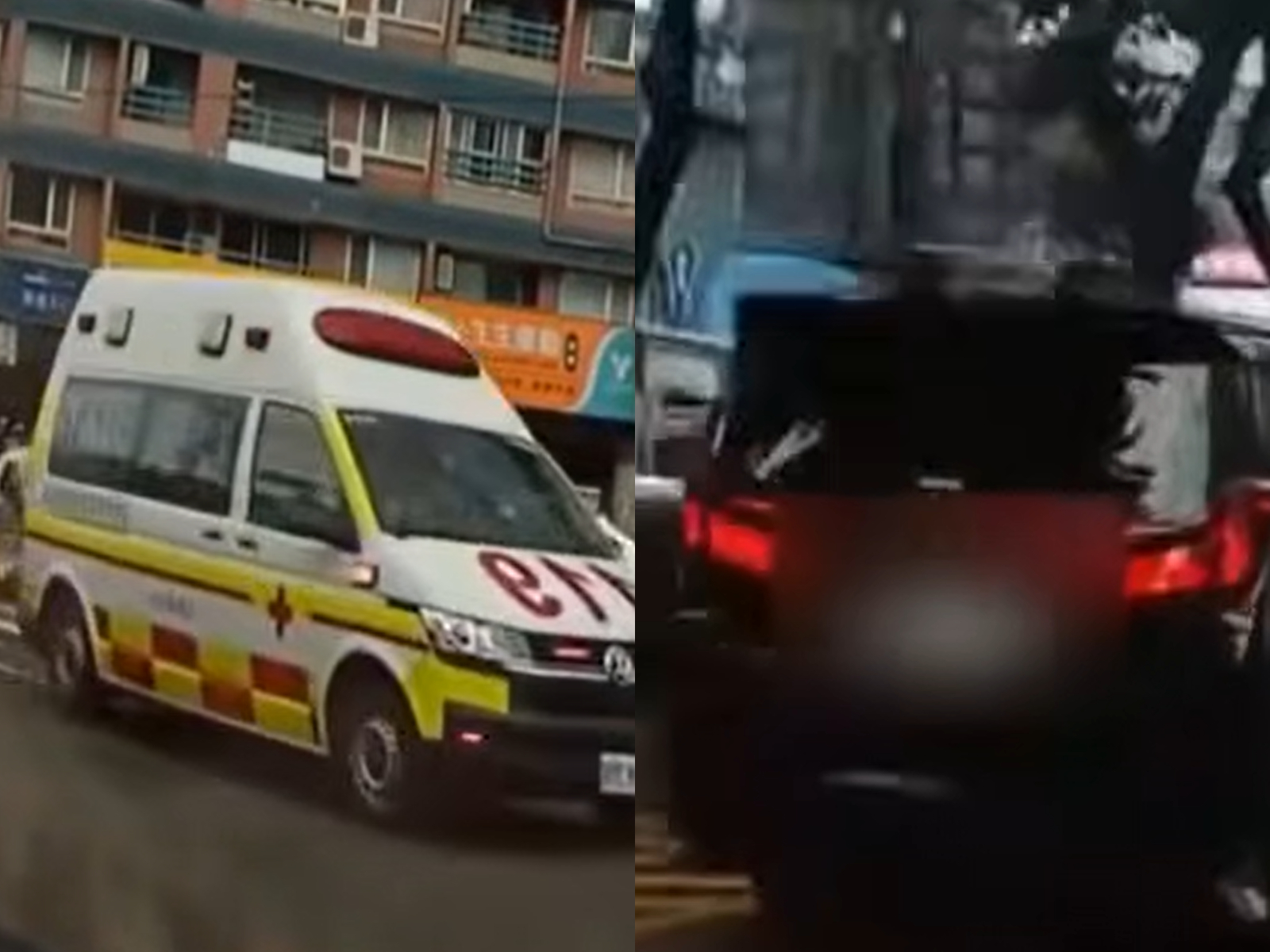 一名駕駛左轉為禮讓救護車（左圖）通行先停等，竟遭後方黑色廂型車（右圖）猛按喇叭，並在併行時飆粗話。（翻攝自爆料公社）