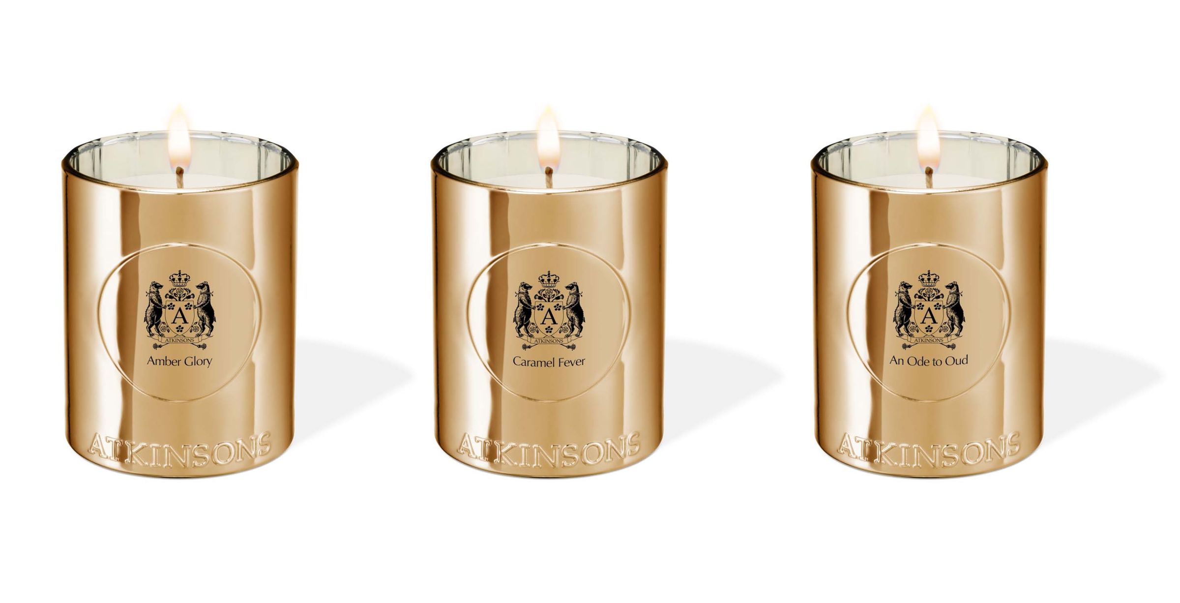 ATKINSONS A TOUCH OF GLASS COLLECTION 200g,由左至右分別為琥珀榮耀、狂熱焦糖及歌頌沉香,NT2,380。