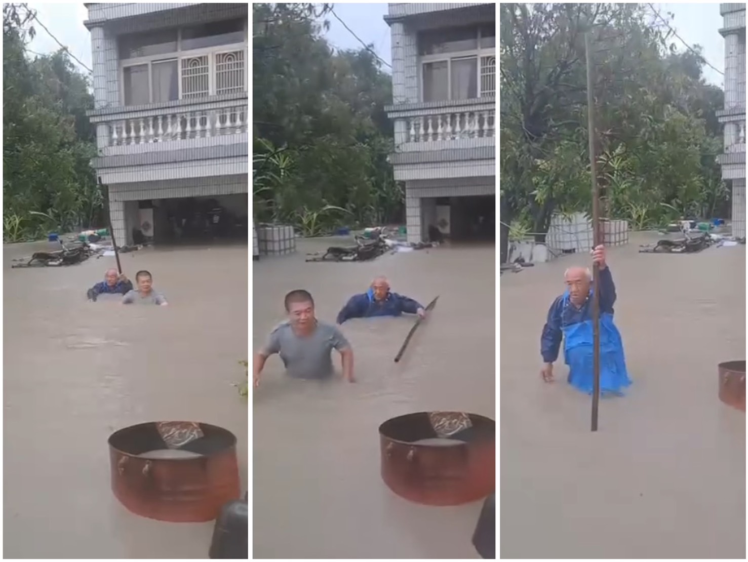 台南關廟龜洞淹水超深，民眾出門險滅頂。（翻攝臉書；台南市議員陳皇宇提供）