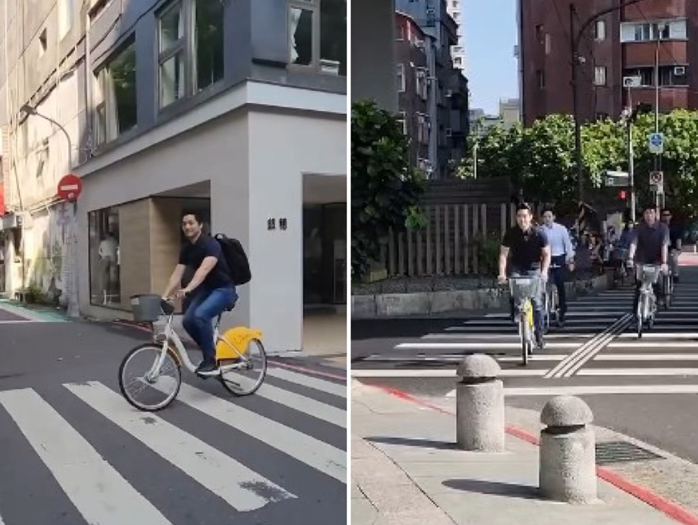 蔣萬安騎YouBike騎在行穿線上,市府認已違規。(翻攝蔣萬安IG)