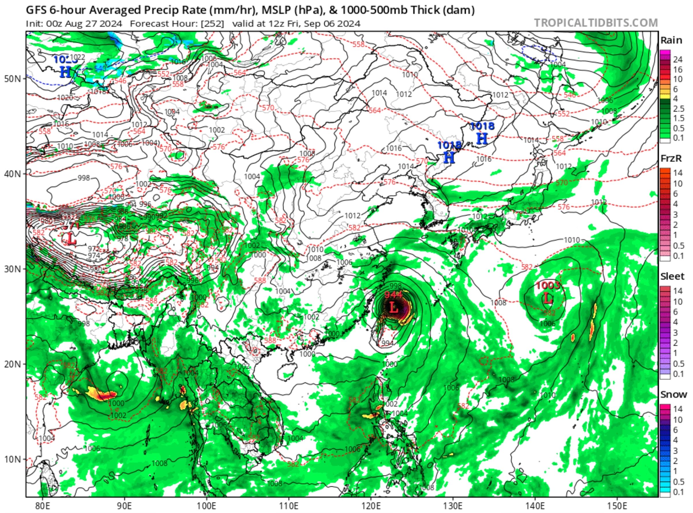 美國模式（GFS）模擬出珊珊颱風侵日後迴轉路徑，還預估會往西南方朝台灣撲來。（翻攝自GFS網站）