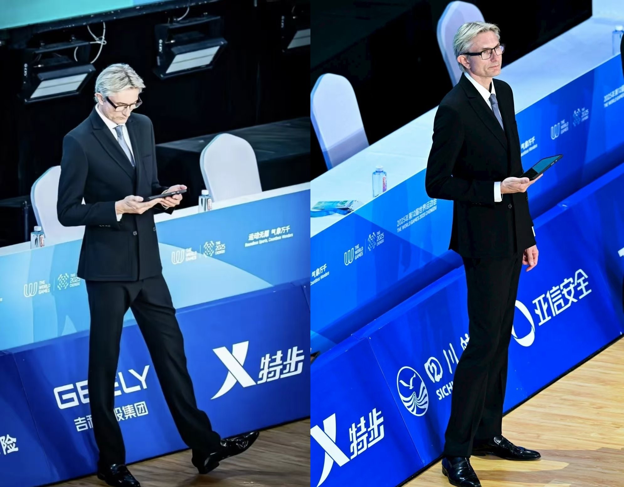 成都世運會體育舞蹈比賽時，賽場上一名拉丁舞裁判在中國社群平台意外走紅。（翻攝自微博）