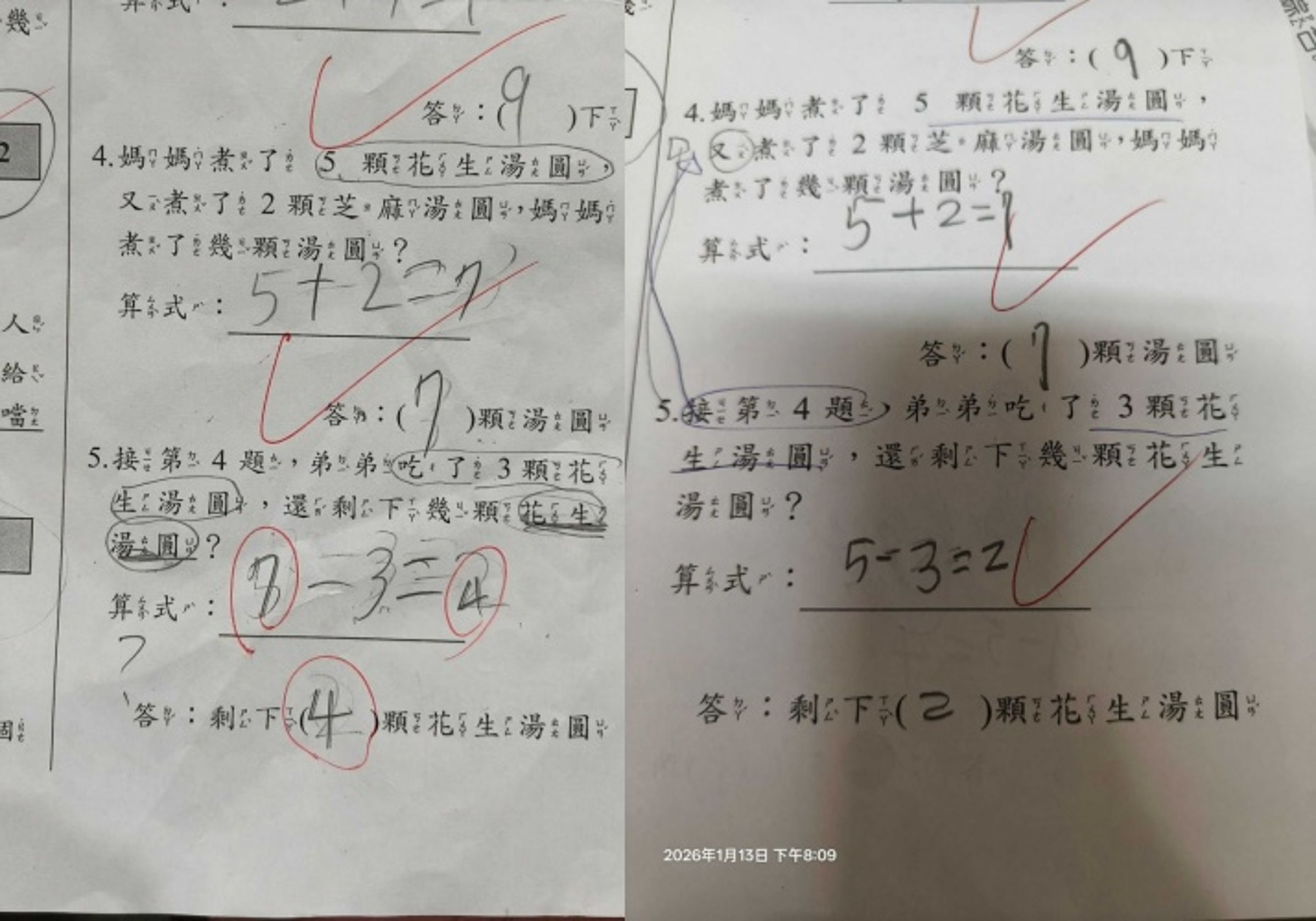 一題國小數學題「花生湯圓剩幾顆?」引家長與網友熱議,孩子計算正確卻遭老師改分,網路意見分歧。(翻攝自臉書/爆料公社)