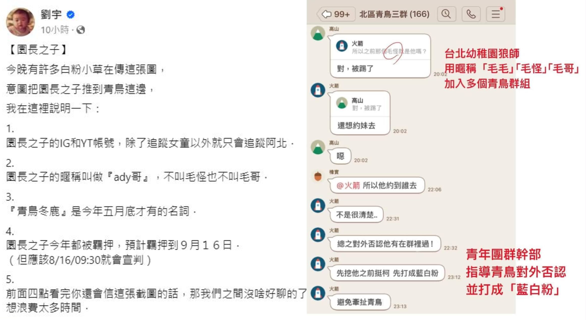 網流傳狼師參與青鳥，四叉貓發文曝毛畯珅今年都在羈押中。（翻攝四叉貓臉書）