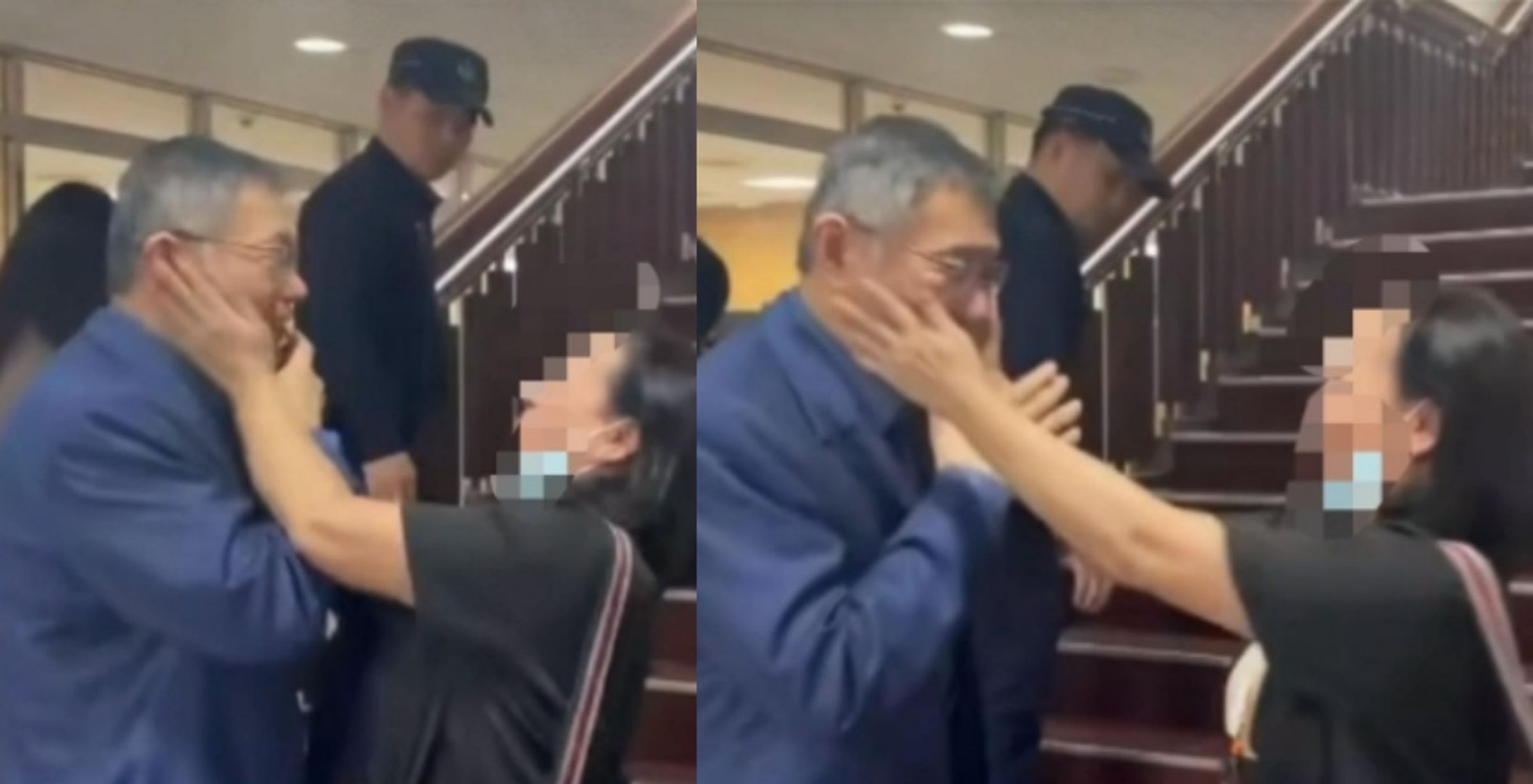 柯文哲今赴台北地方法院出庭，步入法院前突遭女子上前擁抱並搓臉，畫面在網路引發熱議。（翻攝自臉書/民眾講堂-全民參與共榮平台）