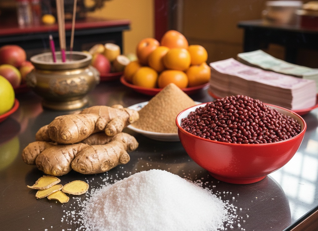 過年期間有網友發現,拜拜敬果盤擺放薑、紅豆、鹽和糖等4樣供品,好奇代表什麼涵意?許多知情網友紛紛回覆,是「山珍海味」的意思。(圖為AI生成)