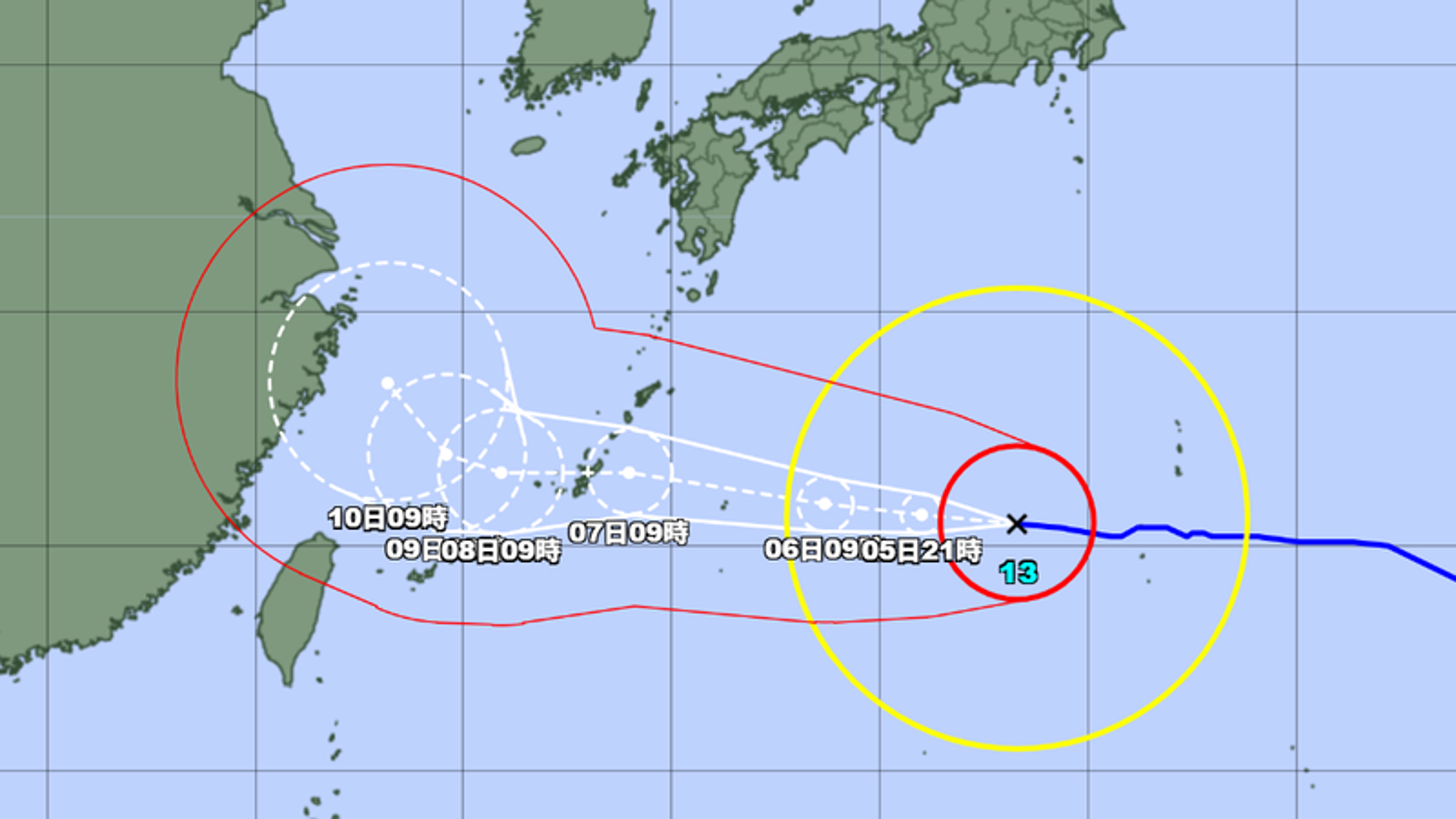 颱風「白海豚」持續朝西移動，預計6日至8日最接近日本沖繩與奄美地區。（翻攝自日本氣象廳）