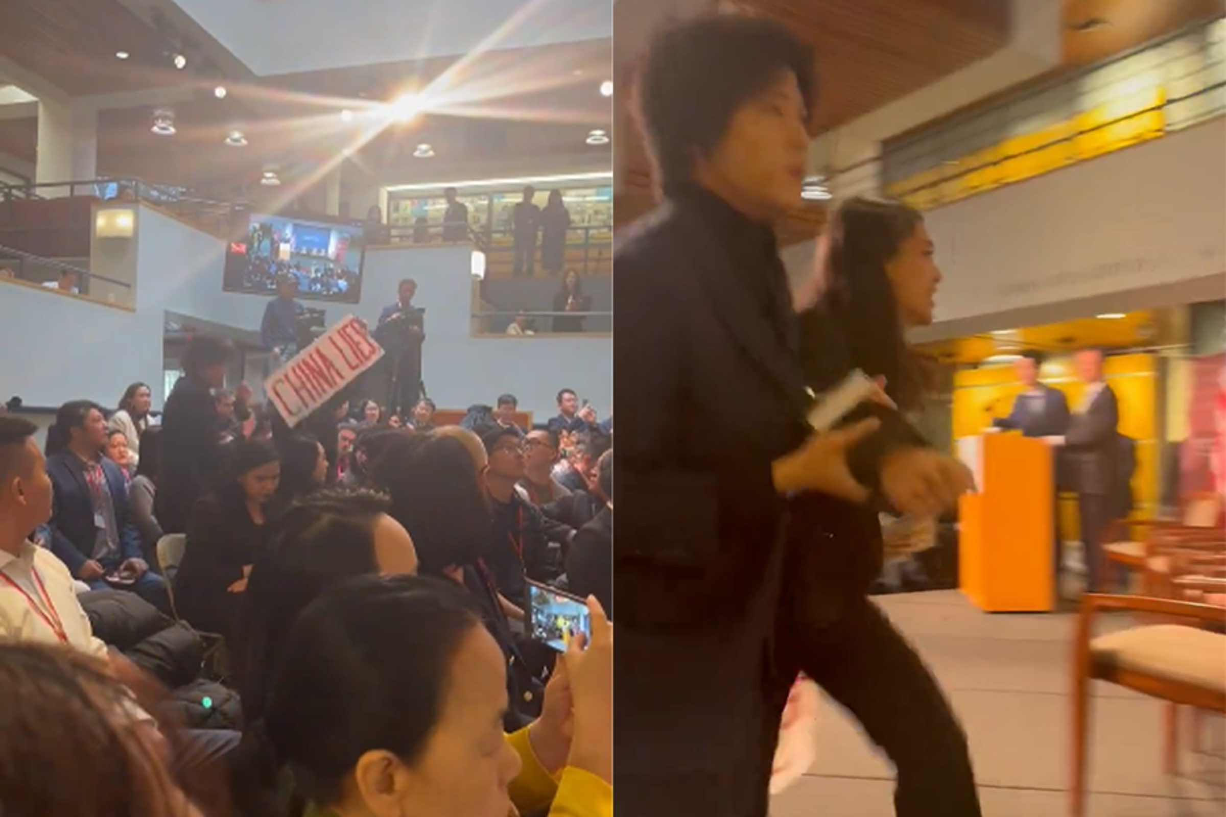 中國駐美國大使謝鋒於哈佛大學演講時,遭高舉「中國說謊」(China Lies)的抗議人士打斷。(翻攝自Students for a Free Tibet X帳號)