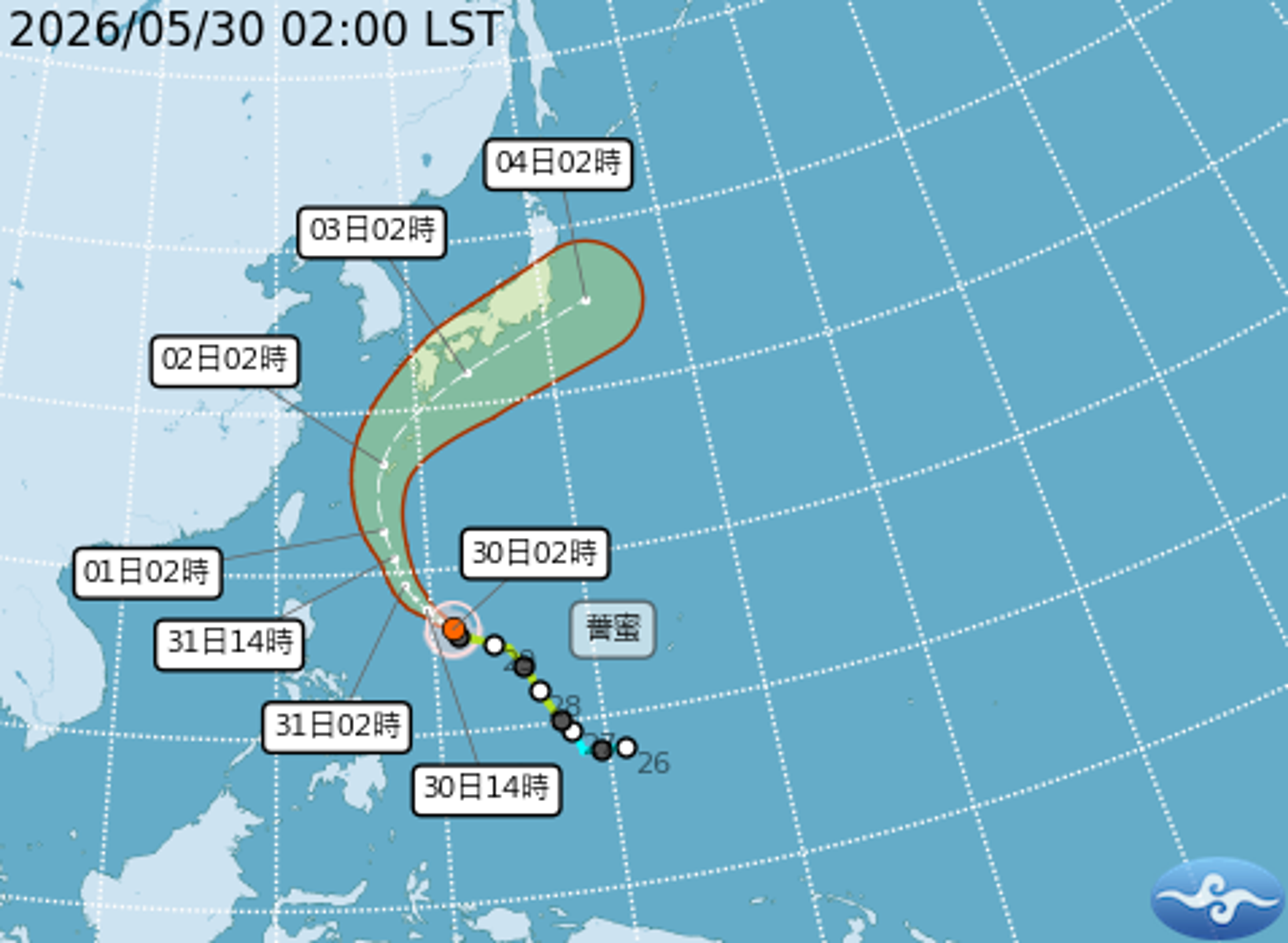 薔蜜颱風預估朝琉球附近海面北上，直接影響台灣機率偏低。（中央氣象署提供）