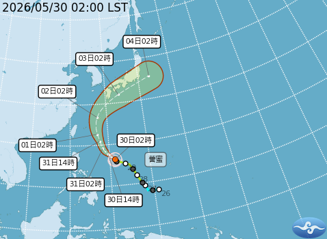 薔蜜颱風預估朝琉球附近海面北上,直接影響台灣機率偏低。(中央氣象署提供)