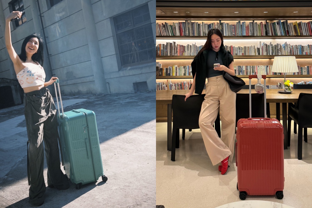 （左起）RIMOWA品牌好友楊謹華、Melinda已經拎出新色Essential系列行李箱。（美之心提供）