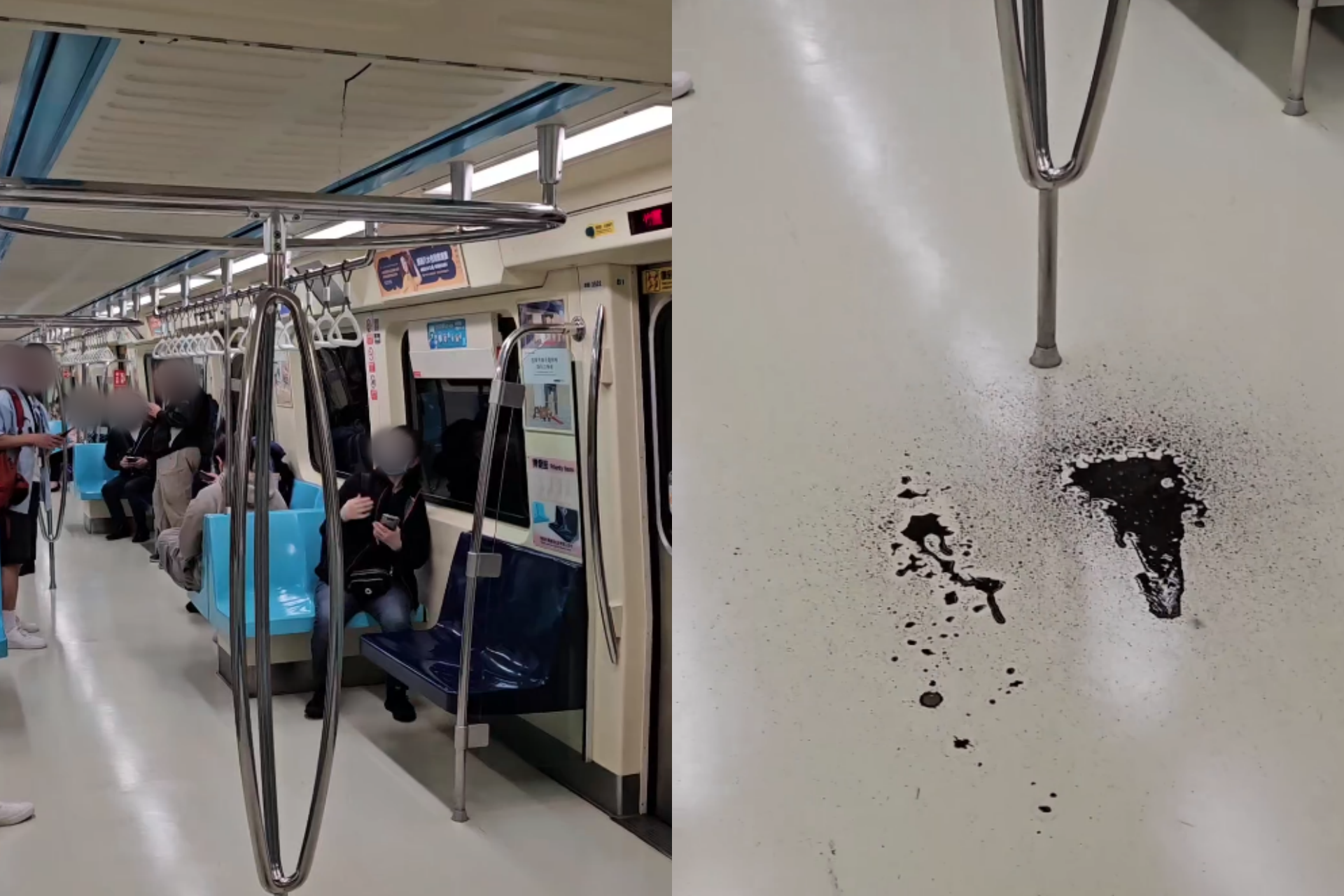 一名網友昨日搭乘捷運時，目睹車廂天花板滴落黑色液體。（翻攝threads@__jasmine.417）