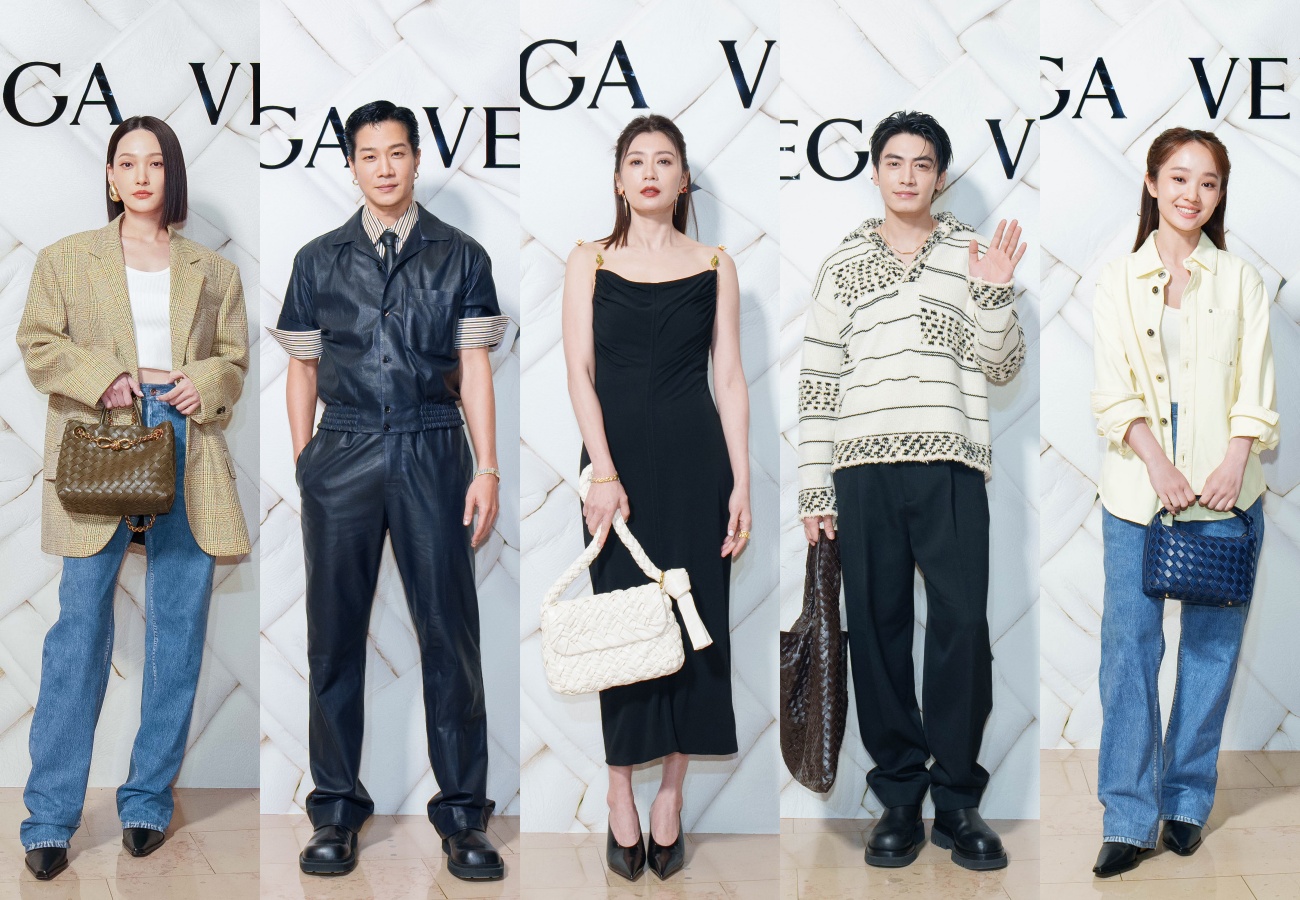 （左起）林映惟、薛仕凌、賈靜雯、宋柏緯與方郁婷受邀出席BOTTEGA VENETA台北101旗艦店開幕活動。（BOTTEGA VENETA提供）