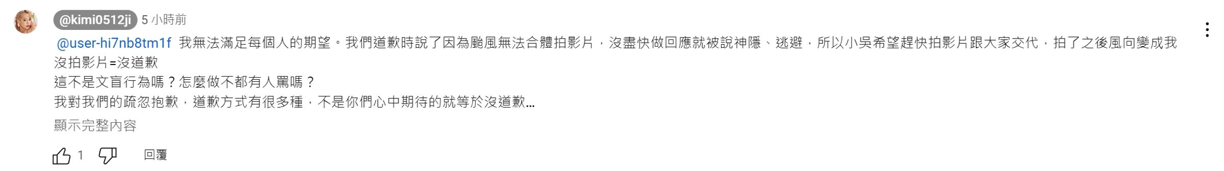 眼見這起事件再度炎上，紀卜心在留言區回應，自己無法滿足每個人的期望。（翻攝自紀卜心YT頻道）