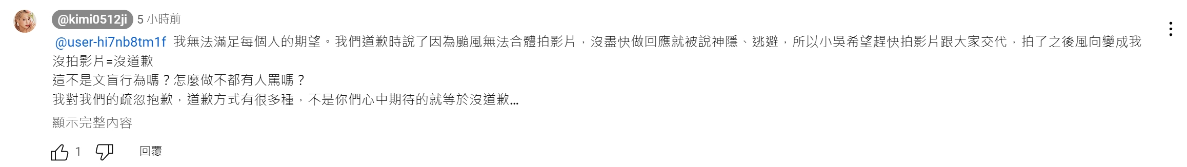 眼見這起事件再度炎上，紀卜心在留言區回應，自己無法滿足每個人的期望。（翻攝自紀卜心YT頻道）