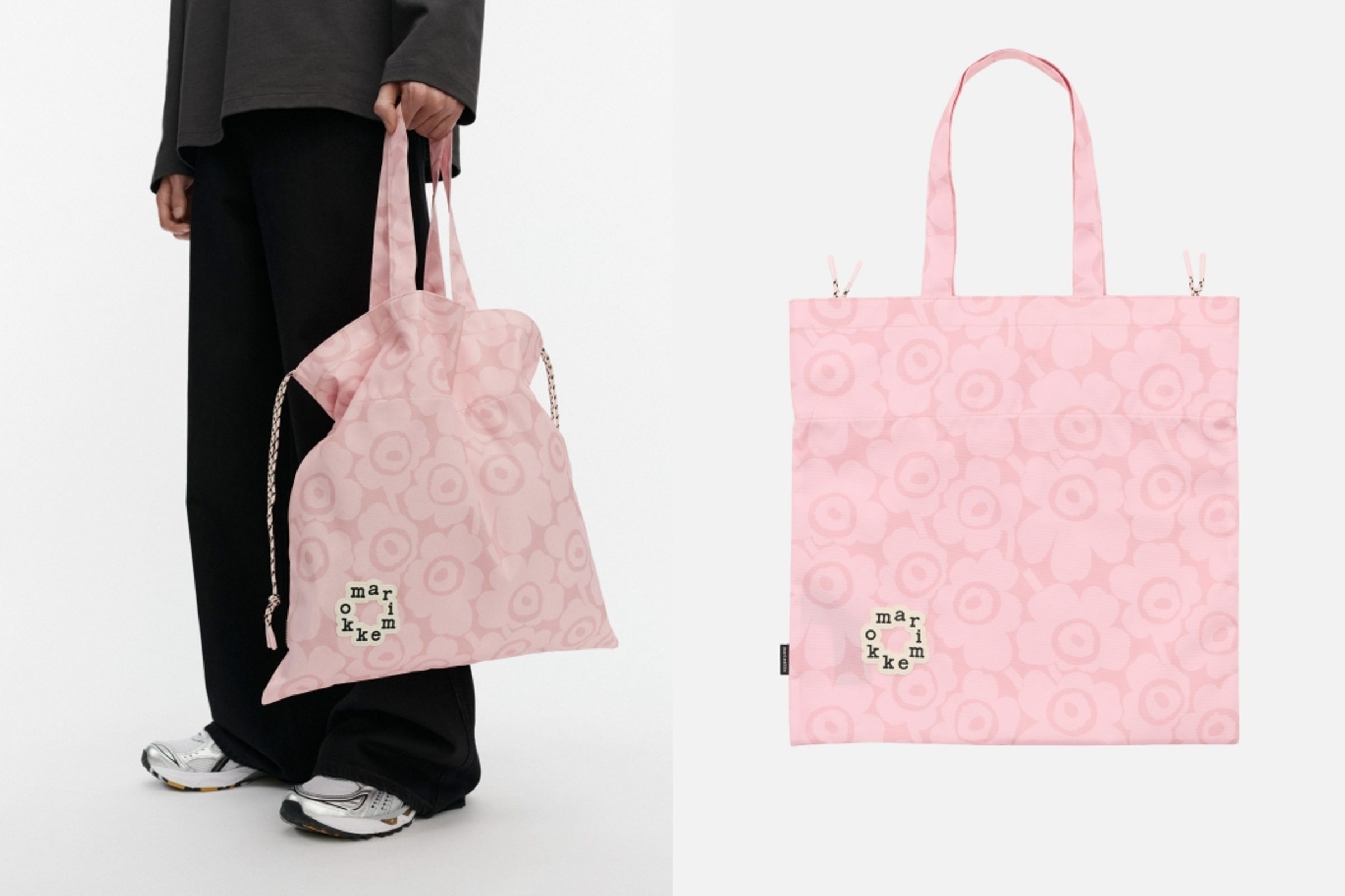 Marimekko Onni包款系列。蜜桃粉Unikko印花抽繩束口肩揹托特包NT$3,990（俊思提供）