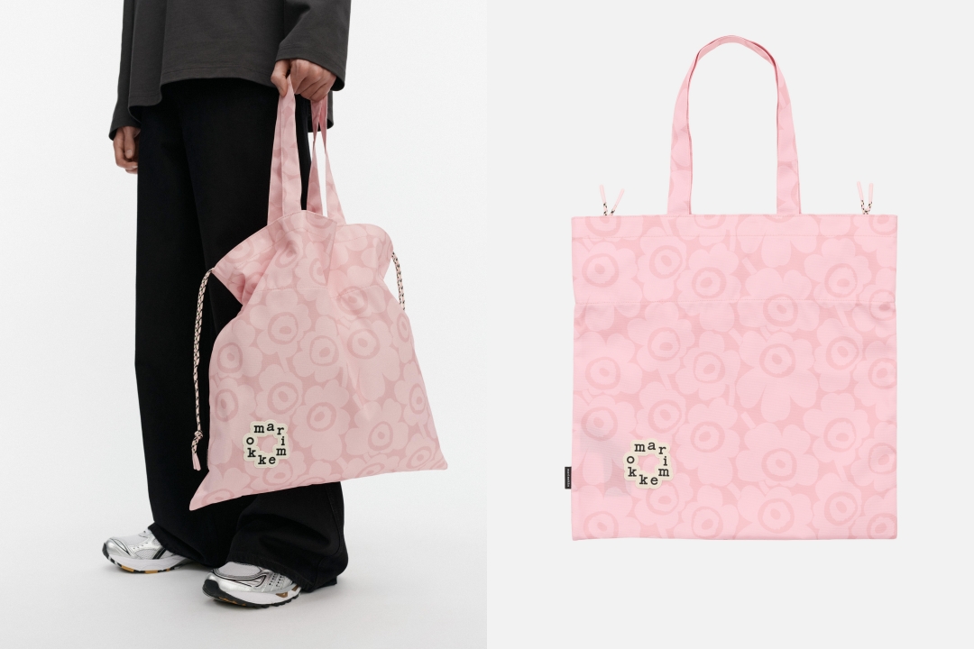 Marimekko Onni包款系列。蜜桃粉Unikko印花抽繩束口肩揹托特包NT$3,990（俊思提供）