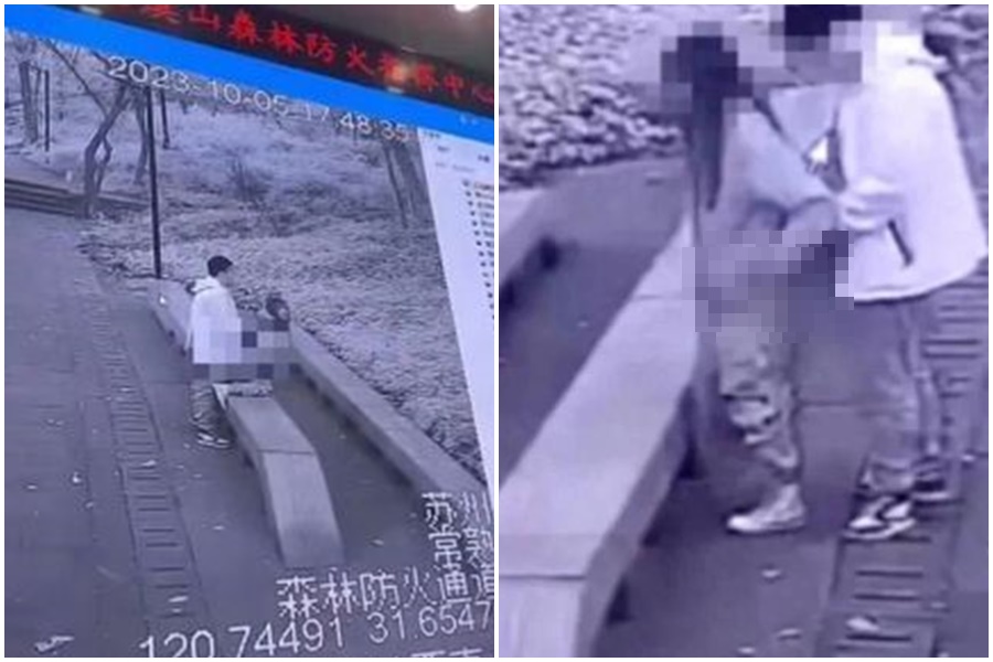 虞山森林防火指揮中心監視器拍下一對男女野戰，並將其畫面投放到指揮中心的大型螢幕上播放，引發關注。（翻攝自微博）