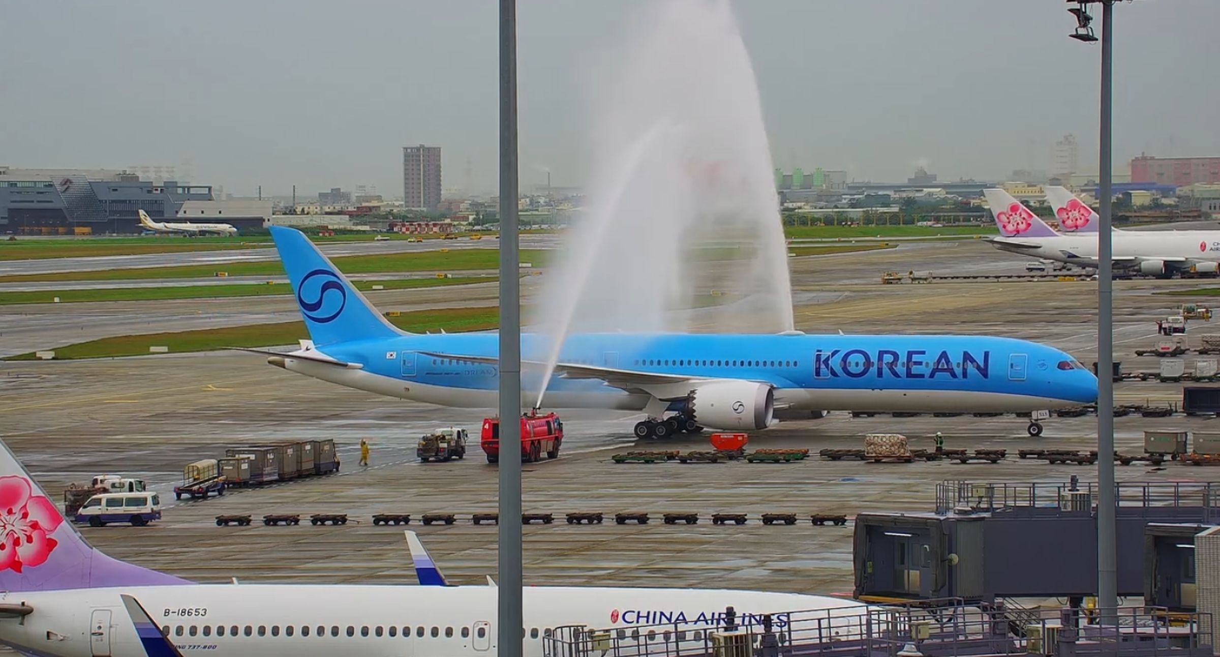 大韓航空新塗裝的飛機今天（14日）在桃機亮相，桃機也以隆重的水門禮迎接。（翻攝自桃園國際機場 Taoyuan International Airport臉書）
