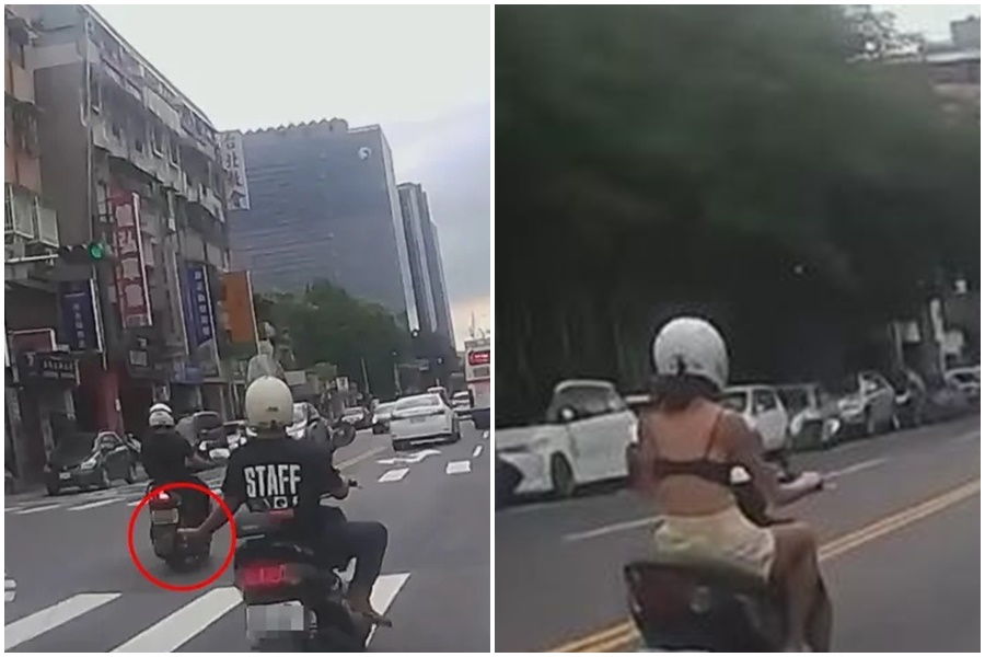 名有古銅色的正妹騎士，穿著黑色內衣、下半身穿著短褲，引發網友關注。（翻攝自YouTube）