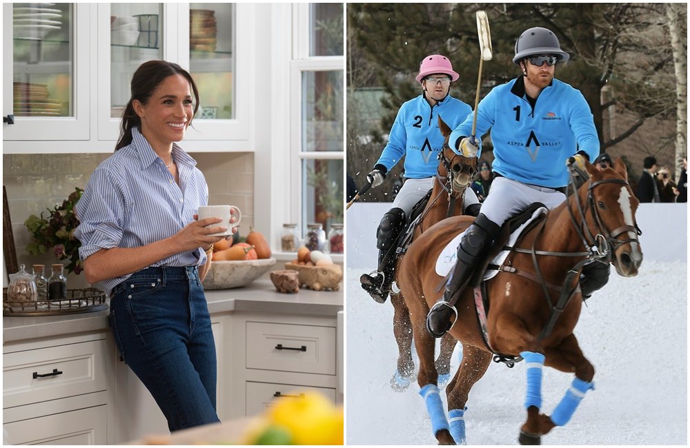 哈利王子（右圖）去參加馬球比賽，妻子梅根（左圖）很興奮。（翻攝X@Mimicinque、Netflix）